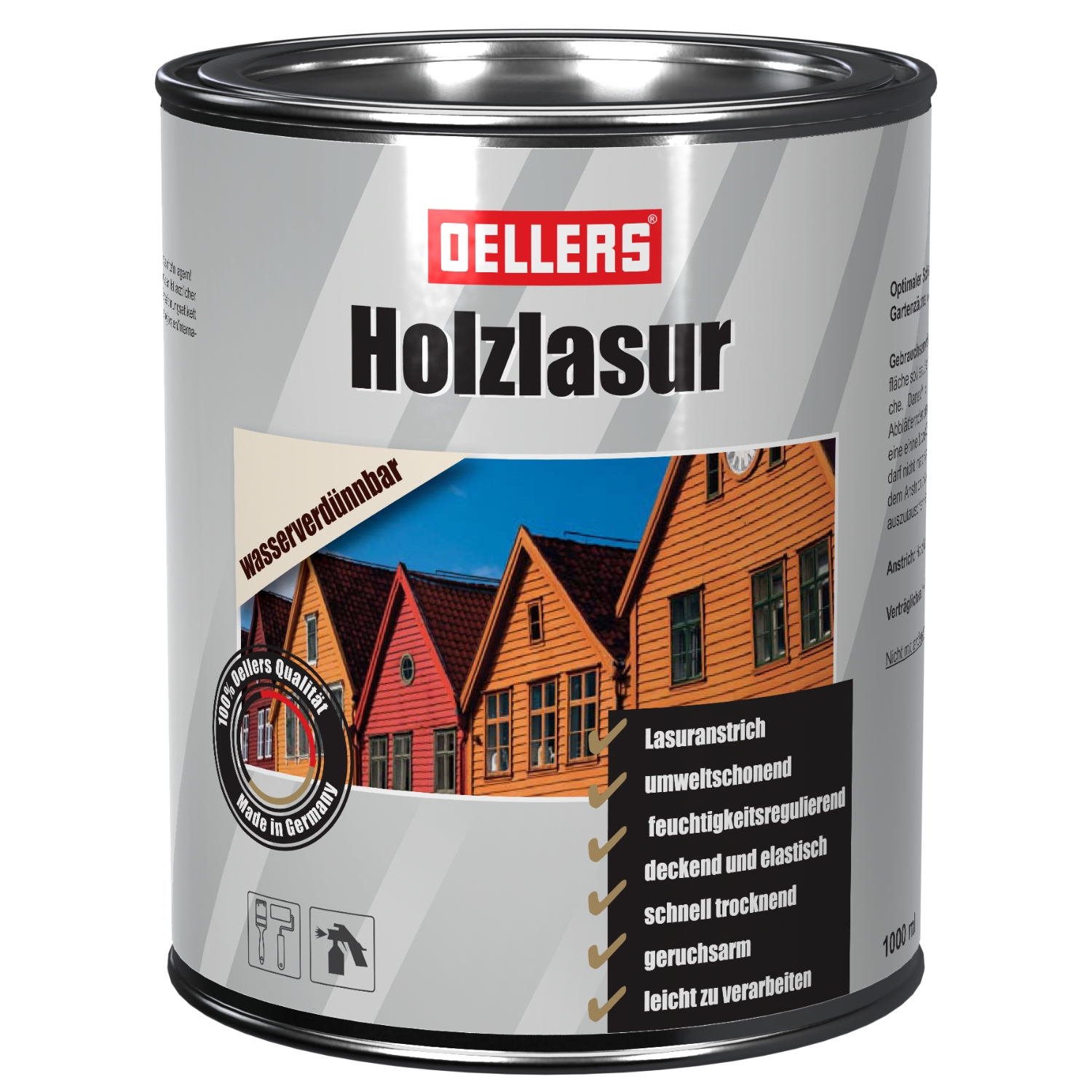 Abbildung einer Dose Dellers Holzlasur, wasserverdünnbar, 1000 ml – deckende Holzschutzlasur für Gartenholz und Außenbereiche