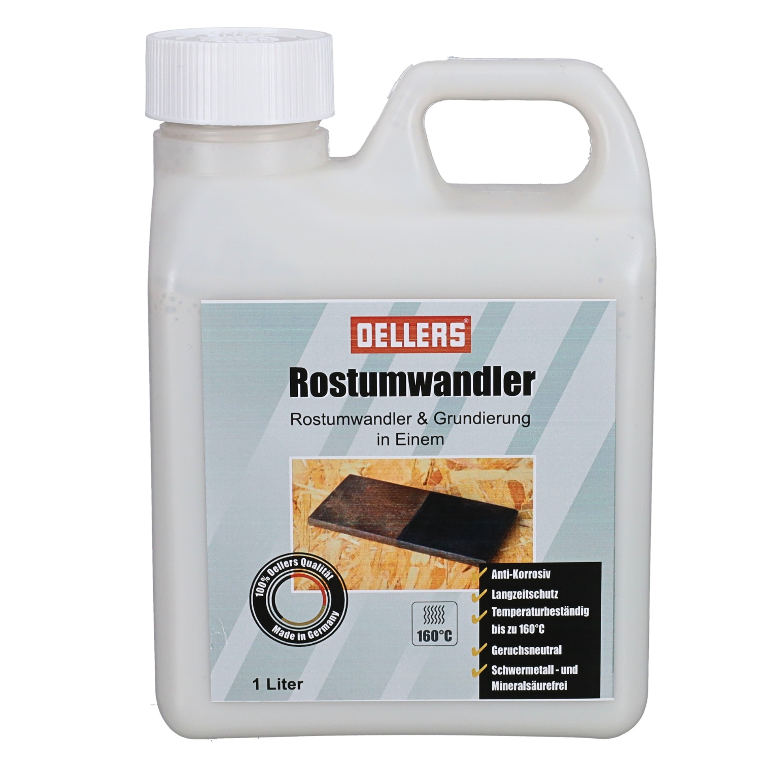 Abgebildet ist Dellers Rostumwandler 1 Liter, Rostumwandler und Grundierung in einem, in weißer Kunststoffflasche mit Schraubverschluss und Tragegriff.